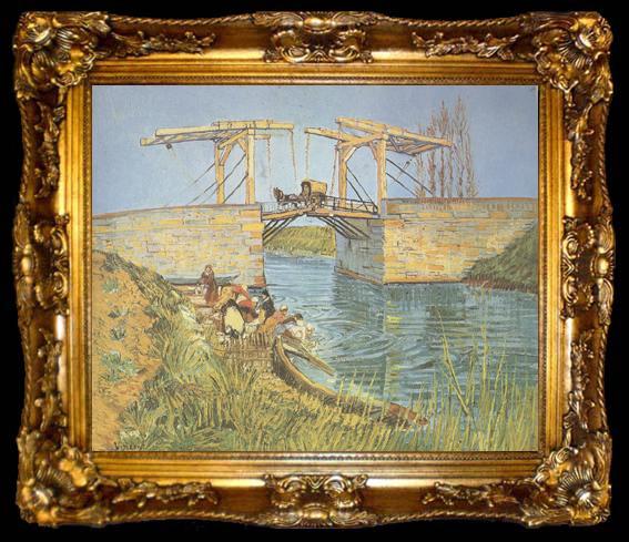 framed  Vincent Van Gogh The Langlois Bridge at Arles with Women Washing (nn04), ta009-2